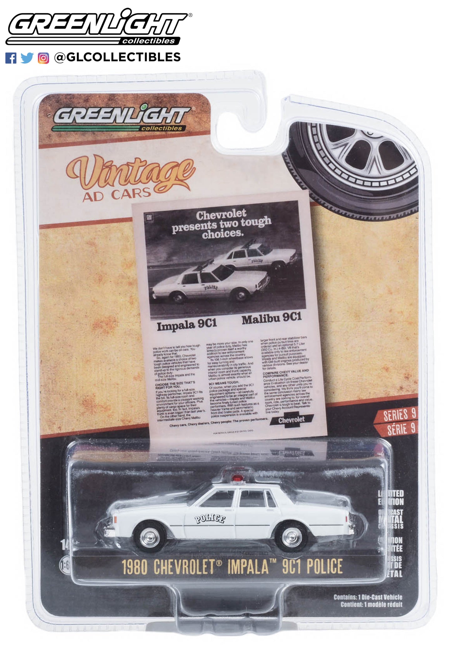 GreenLight 1:64 Vintage Ad Cars Series 9 - 1980 Chevrolet Impala 9C1 Police “Chevrolet Presents Two Tough Choices” 39130-E