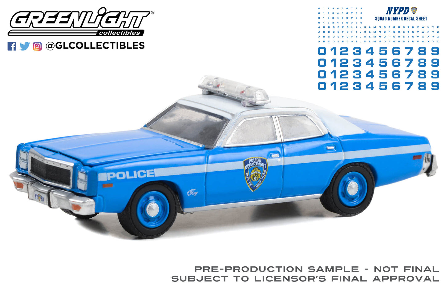 GreenLight 1:64 Hot Pursuit - 1977 Plymouth Fury - New York City Police Dept (NYPD) with NYPD Squad Number Decal Sheet (Hobby Exclusive) 42773