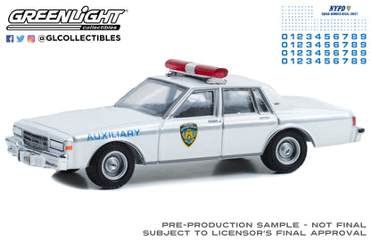 GreenLight 1:64 Hot Pursuit - 1989 Chevrolet Caprice - New York City Police Dept (NYPD) Auxiliary with NYPD Squad Number Decal Sheet (Hobby Exclusive) 42774