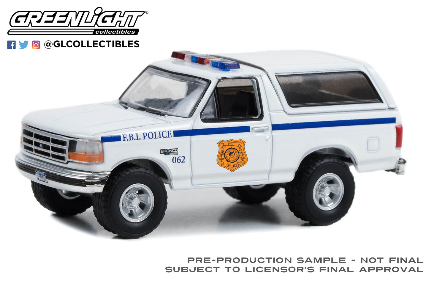 GreenLight 1:64 Hot Pursuit Special Edition - FBI Police (Federal Bureau of Investigation Police) - 1996 Ford Bronco XL 43025-A