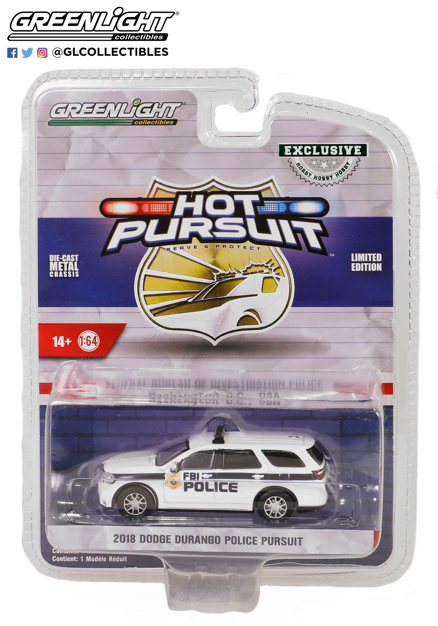 GreenLight 1:64 Hot Pursuit Special Edition - FBI Police (Federal Bureau of Investigation Police) - 2018 Dodge Durango Police Pursuit 43025-E