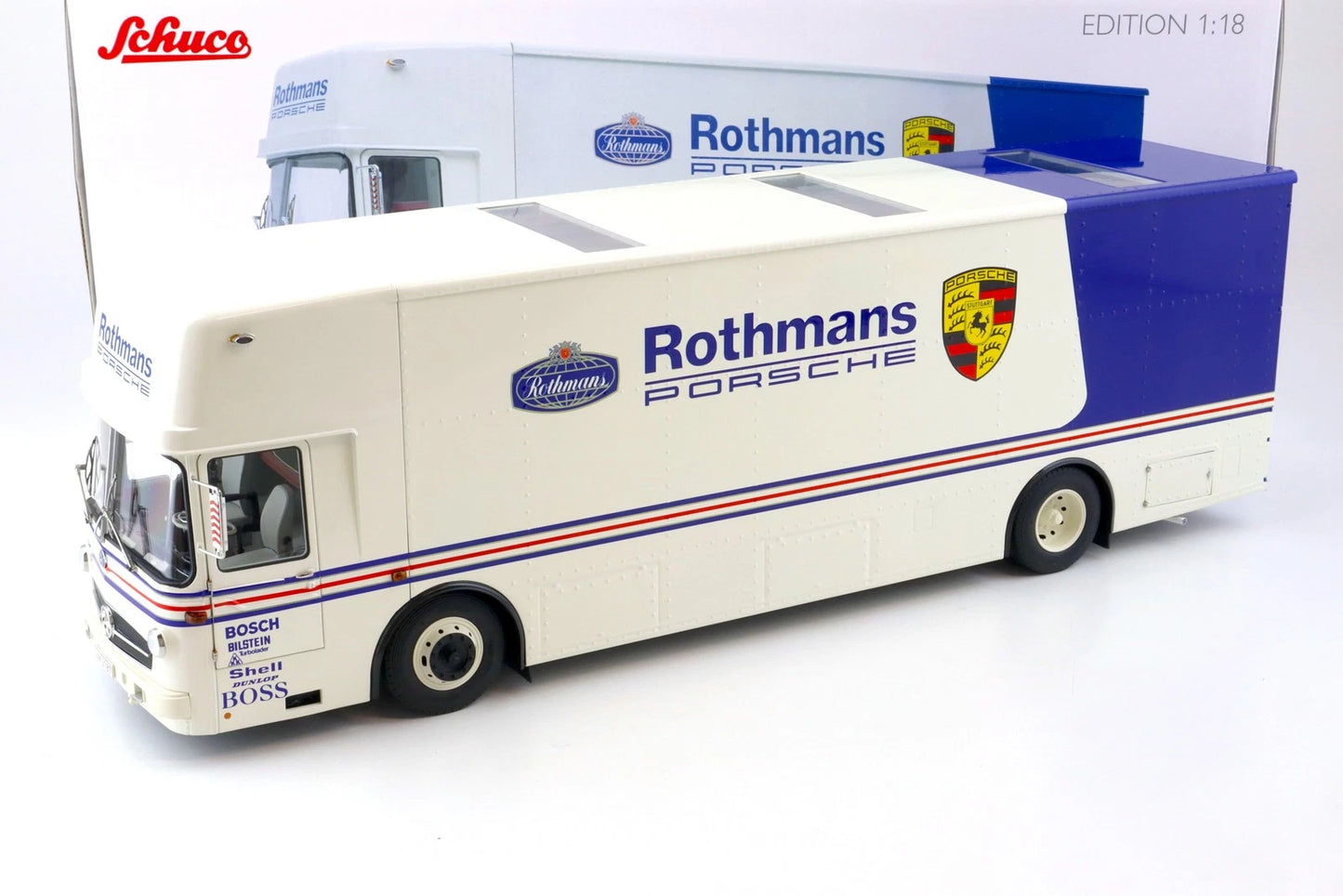 Schuco 1:18 Mercedes-Benz O317 transport Team LKW Porsche Rothmans 1984 450032800