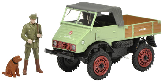 Schuco 1:43 Mercedes Benz Unimog 401 green with hunter and dog 450254800
