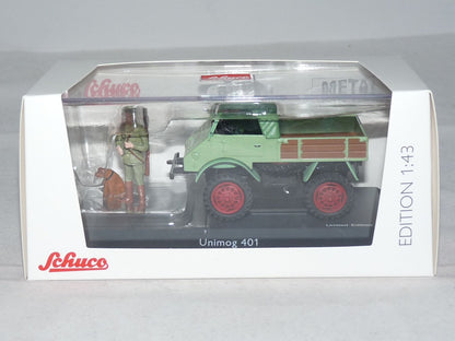 Schuco 1:43 Mercedes Benz Unimog 401 green with hunter and dog 450254800