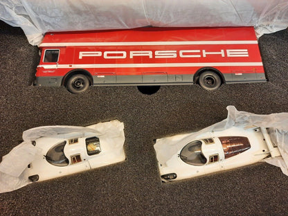 Schuco 1:43 Set Edition 70 Jahre Porsche racing transporter Mercedes-Benz O317 with Porsche 908 short and long tail 450372700