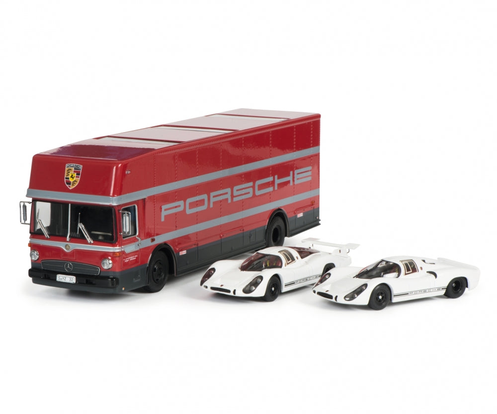 Schuco 1:43 Set Edition 70 Jahre Porsche racing transporter Mercedes-Benz O317 with Porsche 908 short and long tail 450372700