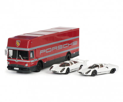 Schuco 1:43 Set Edition 70 Jahre Porsche racing transporter Mercedes-Benz O317 with Porsche 908 short and long tail 450372700