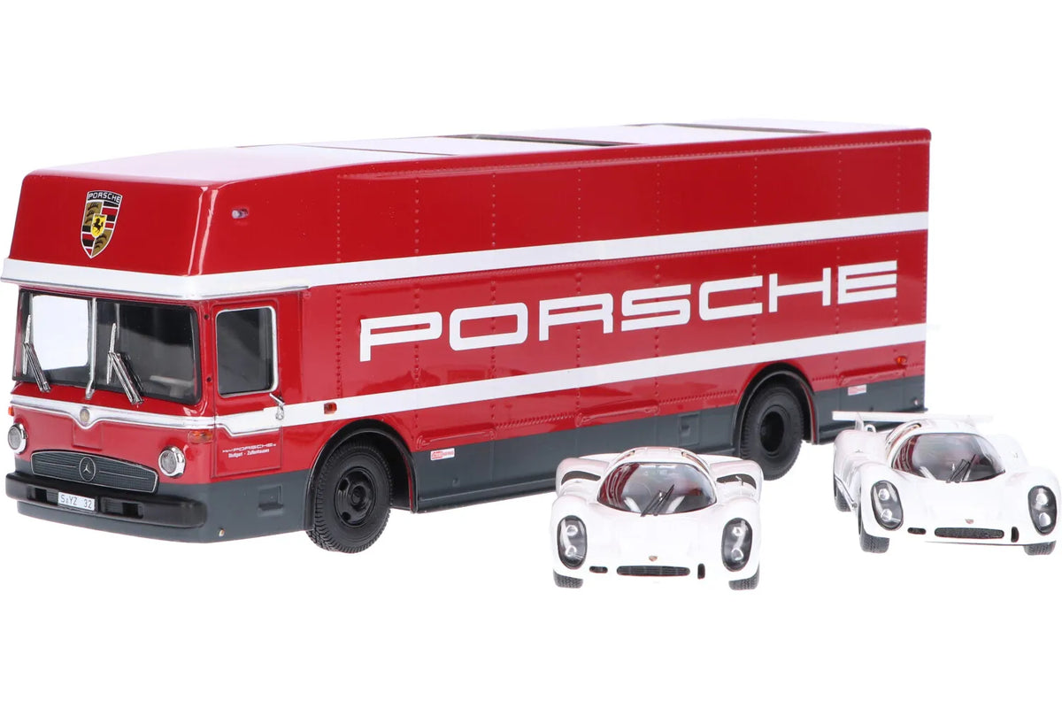 Schuco 1:43 Set Edition 70 Jahre Porsche racing transporter Mercedes-Benz O317 with Porsche 908 short and long tail 450372700