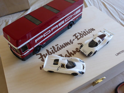 Schuco 1:43 Set Edition 70 Jahre Porsche racing transporter Mercedes-Benz O317 with Porsche 908 short and long tail 450372700