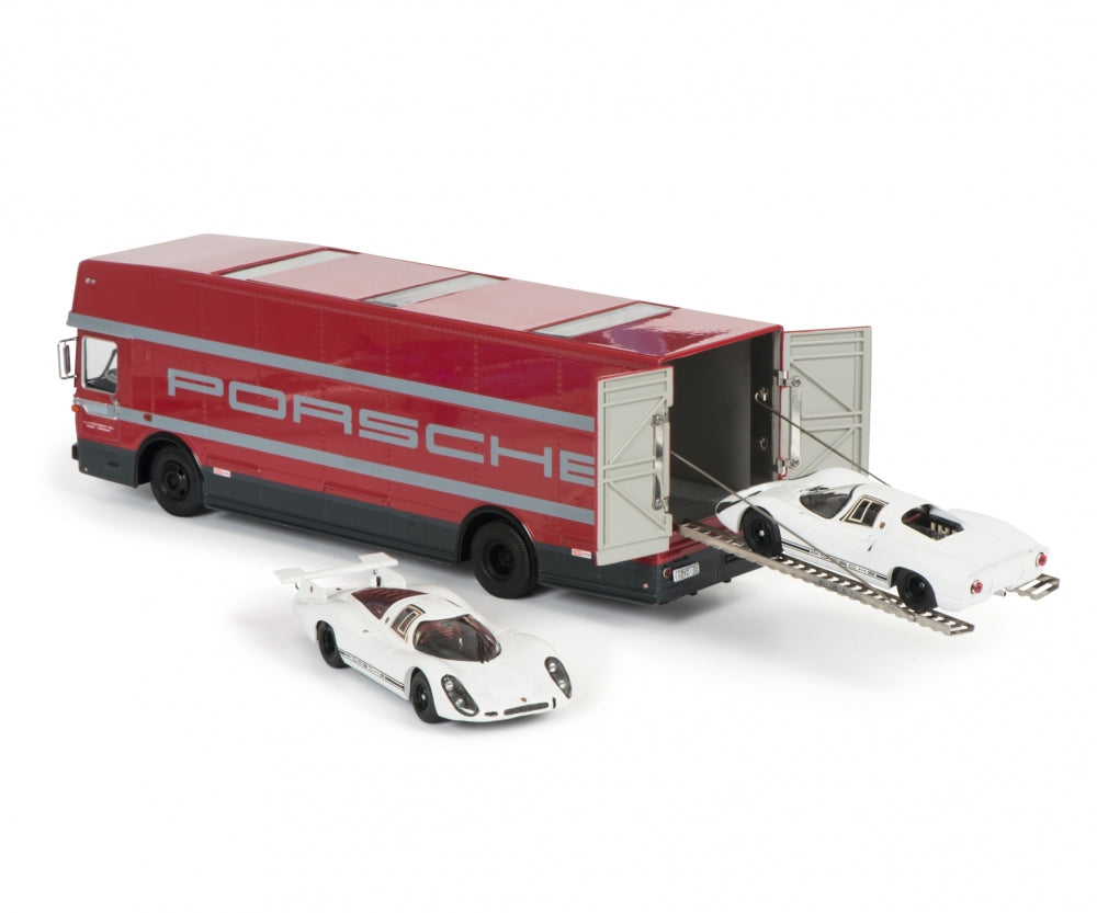 Schuco 1:43 Set Edition 70 Jahre Porsche racing transporter Mercedes-Benz O317 with Porsche 908 short and long tail 450372700