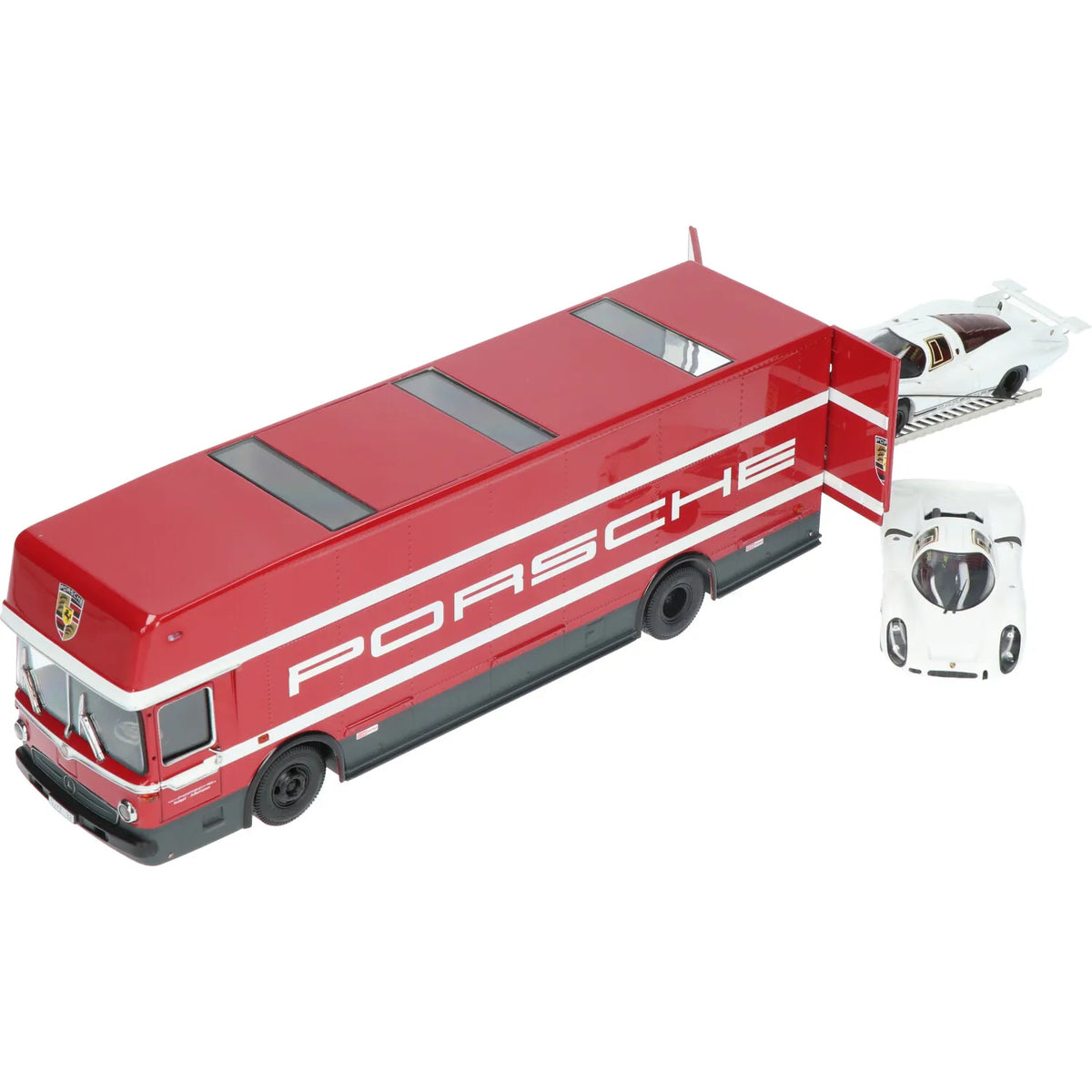 Schuco 1:43 Set Edition 70 Jahre Porsche racing transporter Mercedes-Benz O317 with Porsche 908 short and long tail 450372700