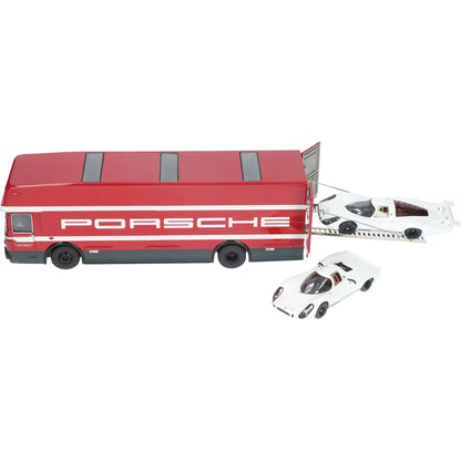 Schuco 1:43 Set Edition 70 Jahre Porsche racing transporter Mercedes-Benz O317 with Porsche 908 short and long tail 450372700