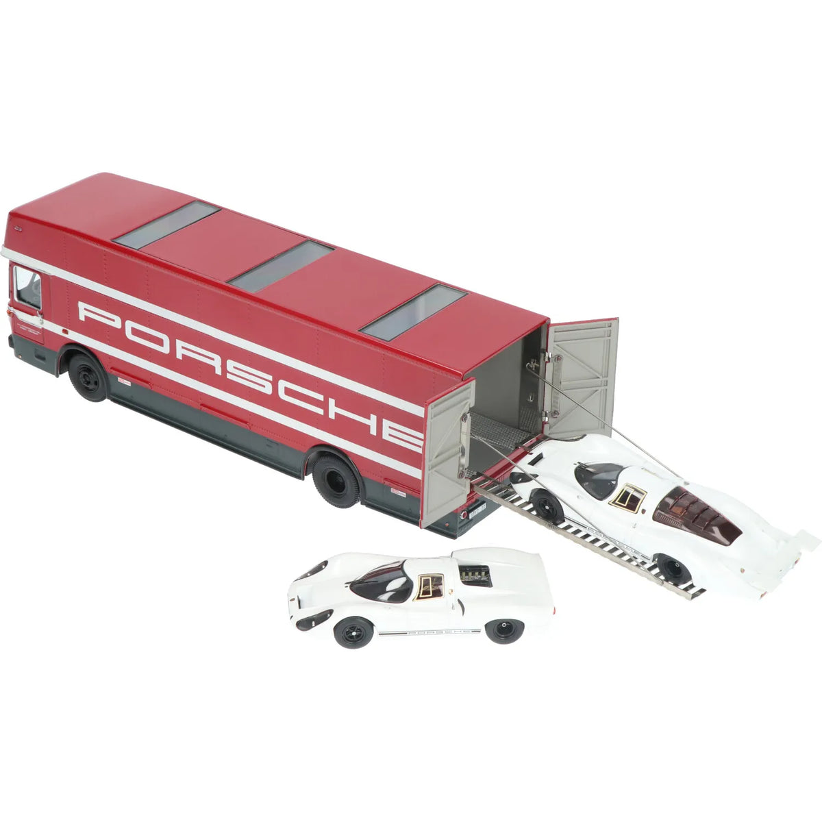 Schuco 1:43 Set Edition 70 Jahre Porsche racing transporter Mercedes-Benz O317 with Porsche 908 short and long tail 450372700