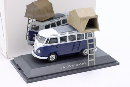 Schuco 1:43 Volkswagen T1b Samba blue/white with rooftop tent 450377800