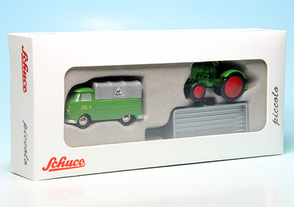 Schuco 1:90 Piccolo Volkswagen T1 pick-up with tarpaulin trailer and Fendt Dieselross tractor 450563400