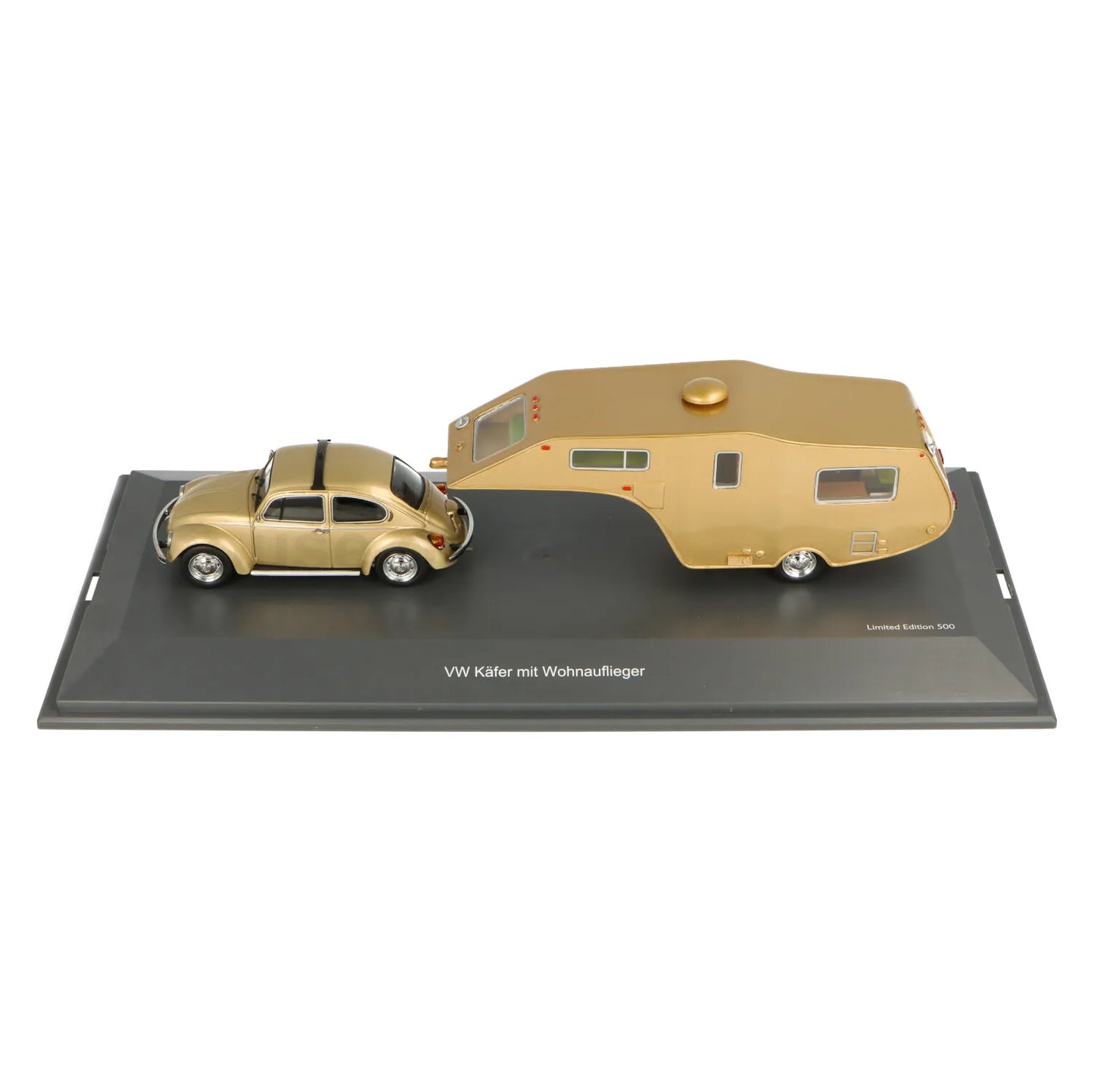 Schuco 1:43 Volkswagen 1200 Beetle with caravan trailer gold 450903800