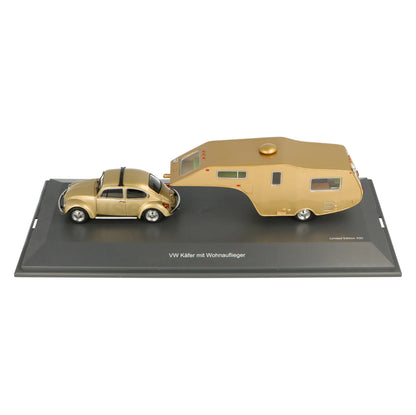 Schuco 1:43 Volkswagen 1200 Beetle with caravan trailer gold 450903800