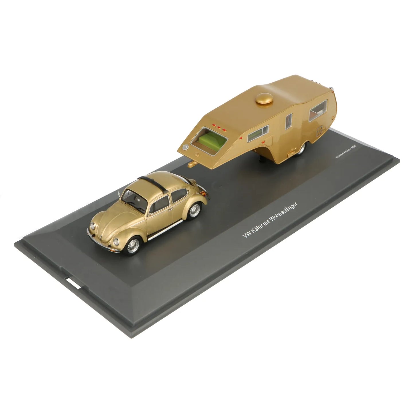 Schuco 1:43 Volkswagen 1200 Beetle with caravan trailer gold 450903800