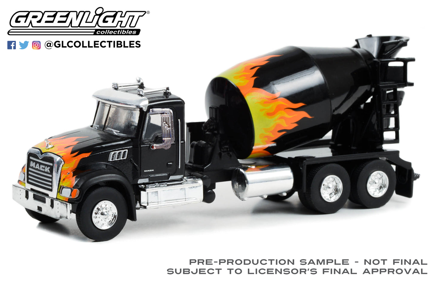 GreenLight 1:64 S.D. Trucks Series 18 - 2019 Mack Granite Cement Mixer - Black with Flames 45180-B