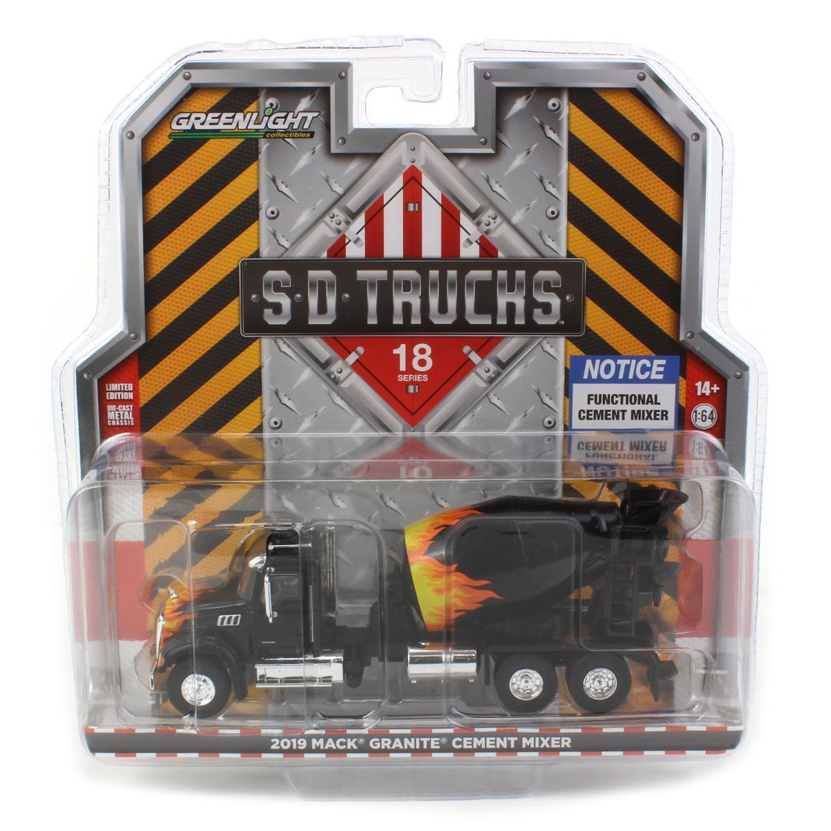 GreenLight 1:64 S.D. Trucks Series 18 - 2019 Mack Granite Cement Mixer - Black with Flames 45180-B