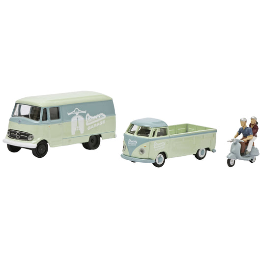 Schuco 1:87 3-Vehicle Set Mercedes-Benz L319 Volkswagen T1 Flatbed and Vespa 452671700