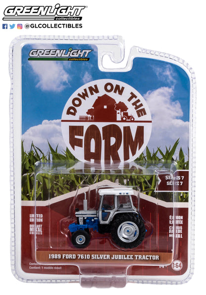 GreenLight 1:64 Down on the Farm Series 7 - 1989 Ford 7610 Silver Jubilee Tractor - White and Blue 48070-E