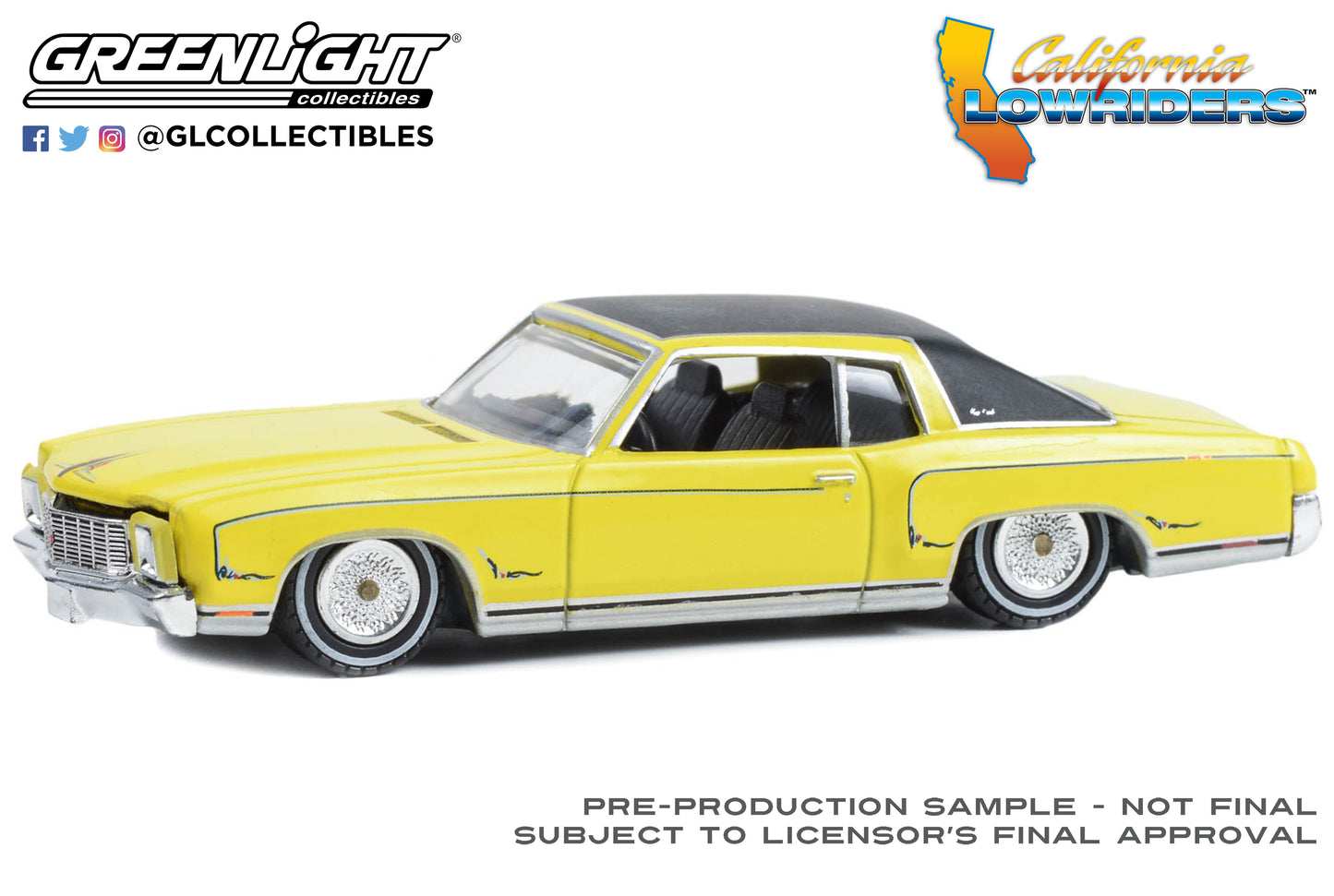 GreenLight 1:64 California Lowriders Series 3 - 1971 Chevrolet Monte Carlo - Sunflower Yellow with Black Roof 63040-C