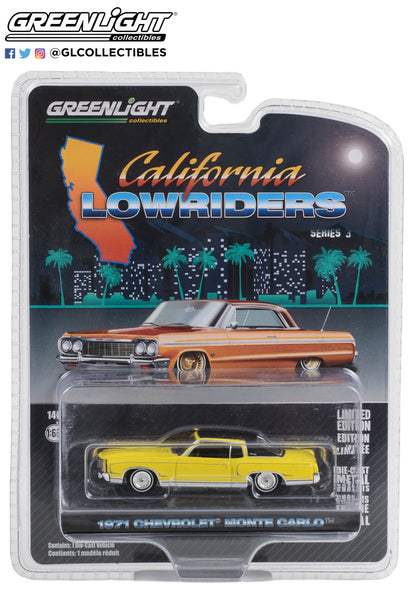 GreenLight 1:64 California Lowriders Series 3 - 1971 Chevrolet Monte Carlo - Sunflower Yellow with Black Roof 63040-C