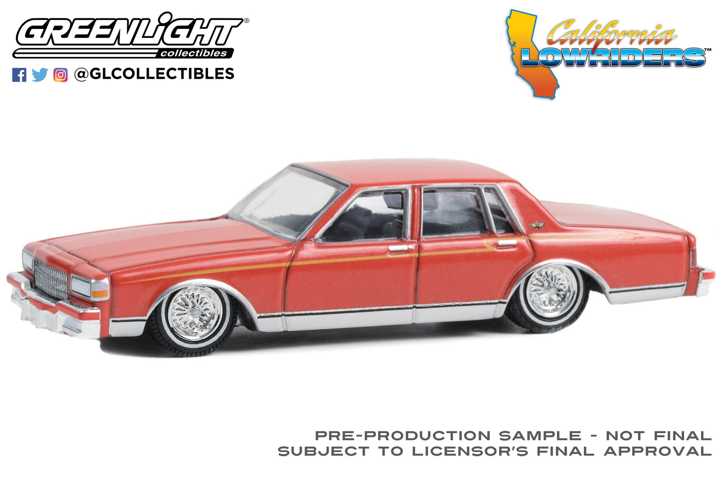 GreenLight 1:64 California Lowriders Series 3 - 1989 Chevrolet Caprice Classic - Custom Red with Yellow Stripes 63040-F