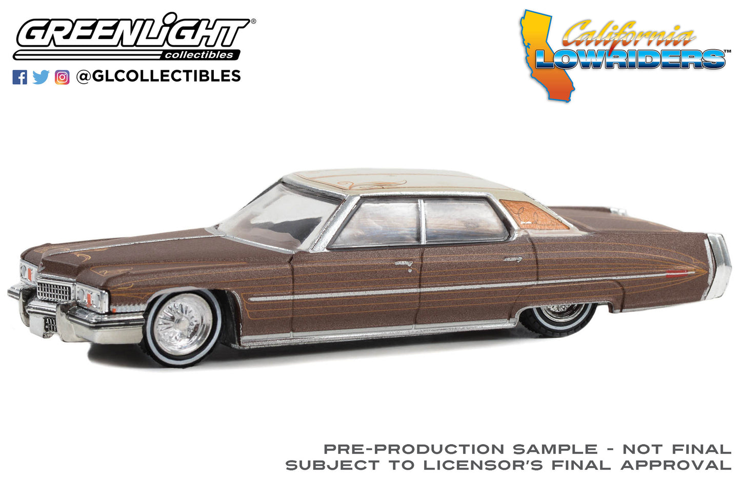 GreenLight 1:64 California Lowriders Series 4 - 1973 Cadillac Sedan deVille - Dark Brown Metallic with Light Brown Pinstripes 63050-E