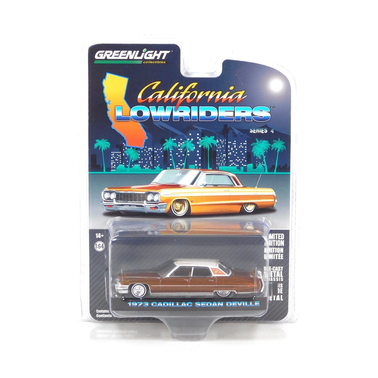 GreenLight 1:64 California Lowriders Series 4 - 1973 Cadillac Sedan deVille - Dark Brown Metallic with Light Brown Pinstripes 63050-E