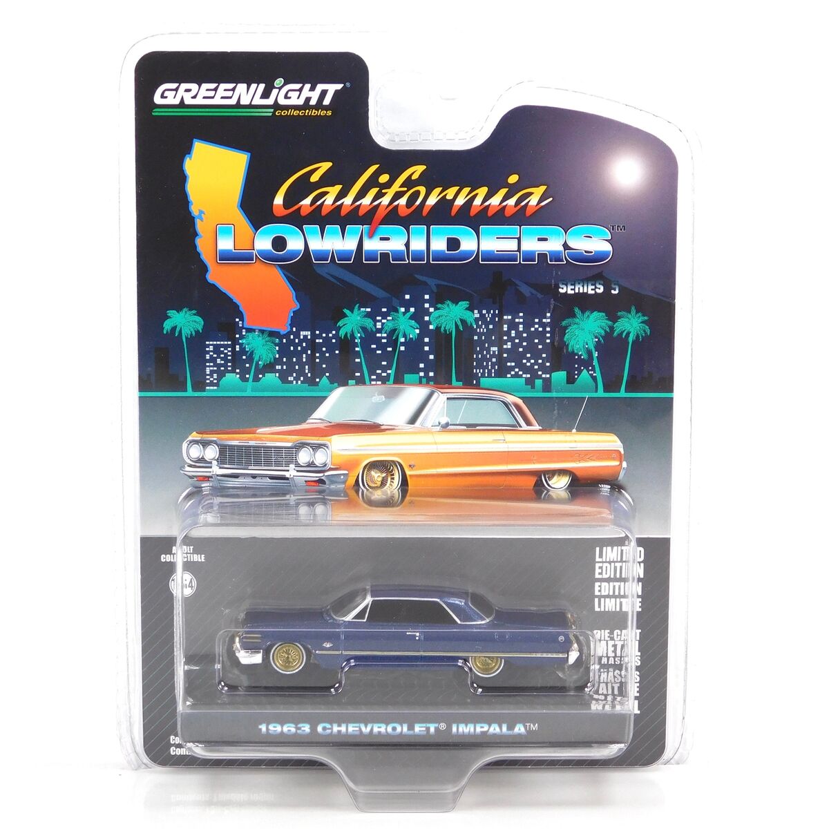 GreenLight 1:64 California Lowriders Series 5 - 1963 Chevrolet Impala – Dark Blue and Gold 63060-C