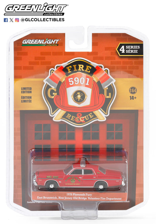 GreenLight 1:64 Fire & Rescue Series 4 - 1976 Plymouth Fury - Old Bridge Volunteer Fire Dept. - East Brunswick Fire District 1 Asst. Chief - East Brunswick, New Jersey 67050-B