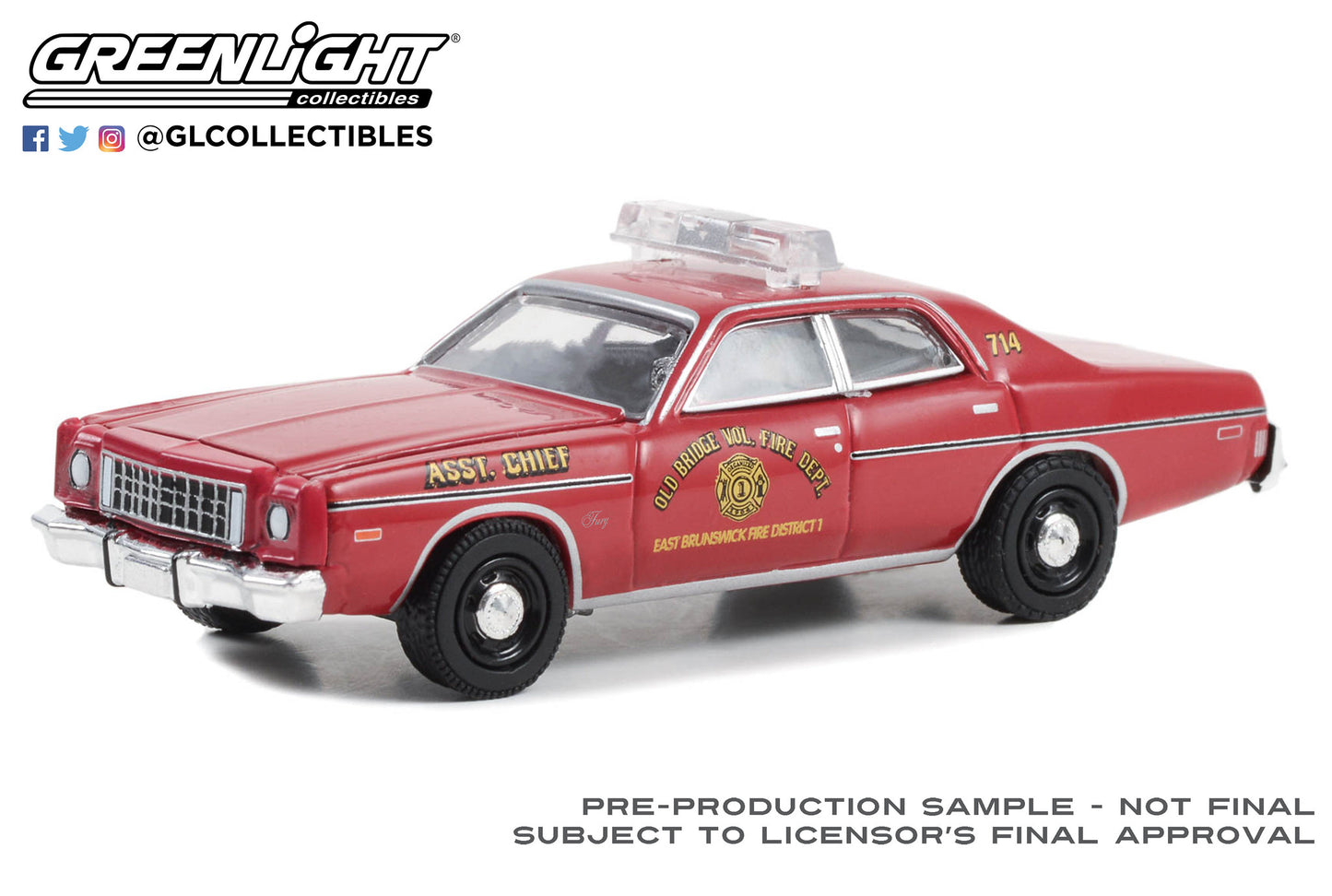 GreenLight 1:64 Fire & Rescue Series 4 - 1976 Plymouth Fury - Old Bridge Volunteer Fire Dept. - East Brunswick Fire District 1 Asst. Chief - East Brunswick, New Jersey 67050-B