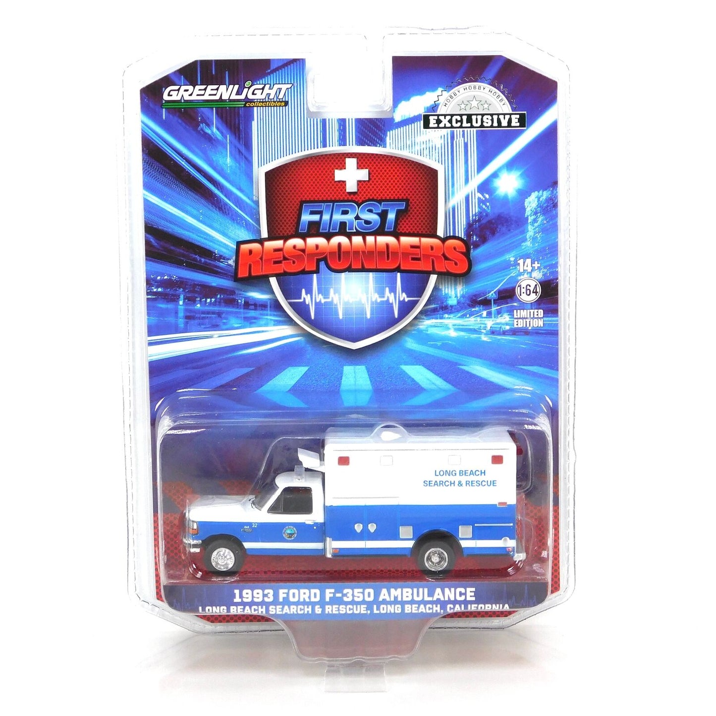 GreenLight 1:64 First Responders - 1993 Ford F-350 Ambulance - Long Beach Search & Rescue, Long Beach, California 67062