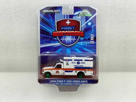 GreenLight Green Machine 1:64 First Responders - 1994 Ford F-350 Ambulance - NYC EMS (City of New York Emergency Medical Service) HAZ TAC Ambulance 67064