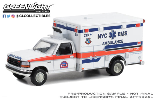 GreenLight 1:64 First Responders - 1994 Ford F-350 Ambulance - NYC EMS (City of New York Emergency Medical Service) HAZ TAC Ambulance 67064