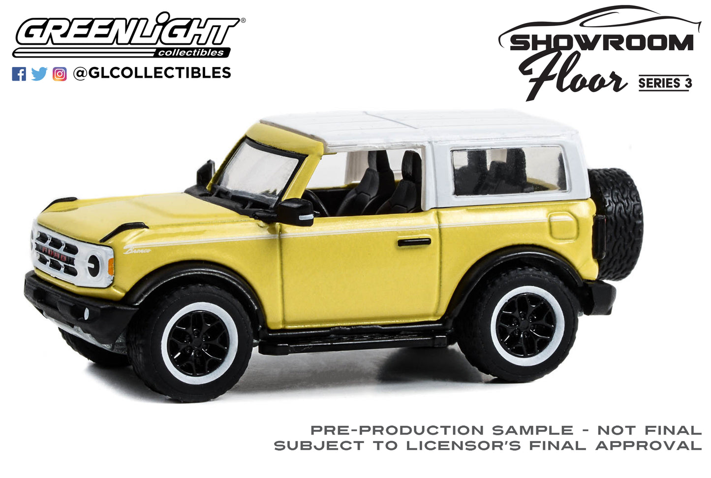 GreenLight 1:64 Showroom Floor Series 3 - 2023 Ford Bronco 2-Door Heritage Edition - Yellowstone Metallic with Oxford White Roof 68030-D