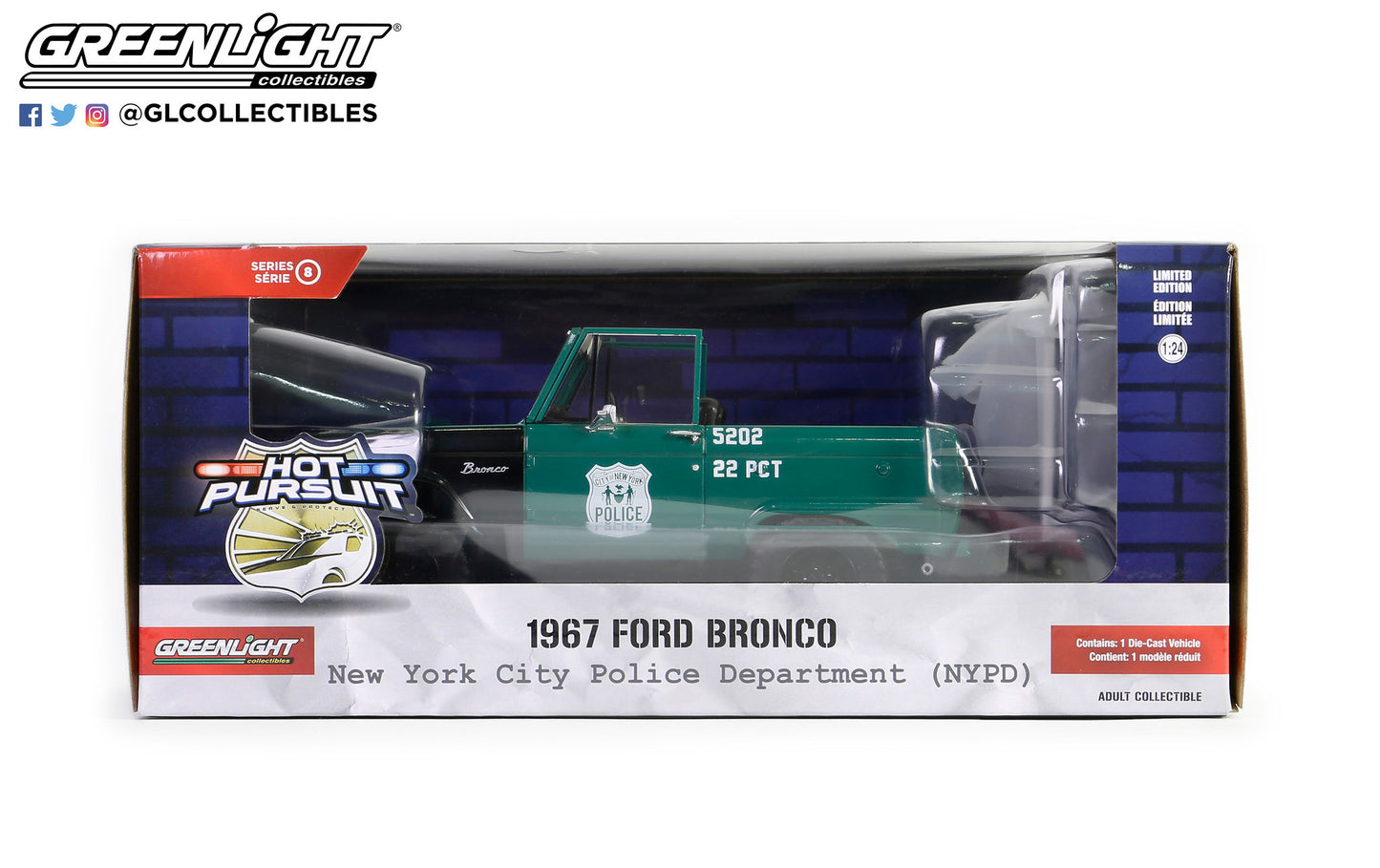 GreenLight 1:24 Hot Pursuit - 1967 Ford Bronco - New York City Police Department (NYPD) 85581