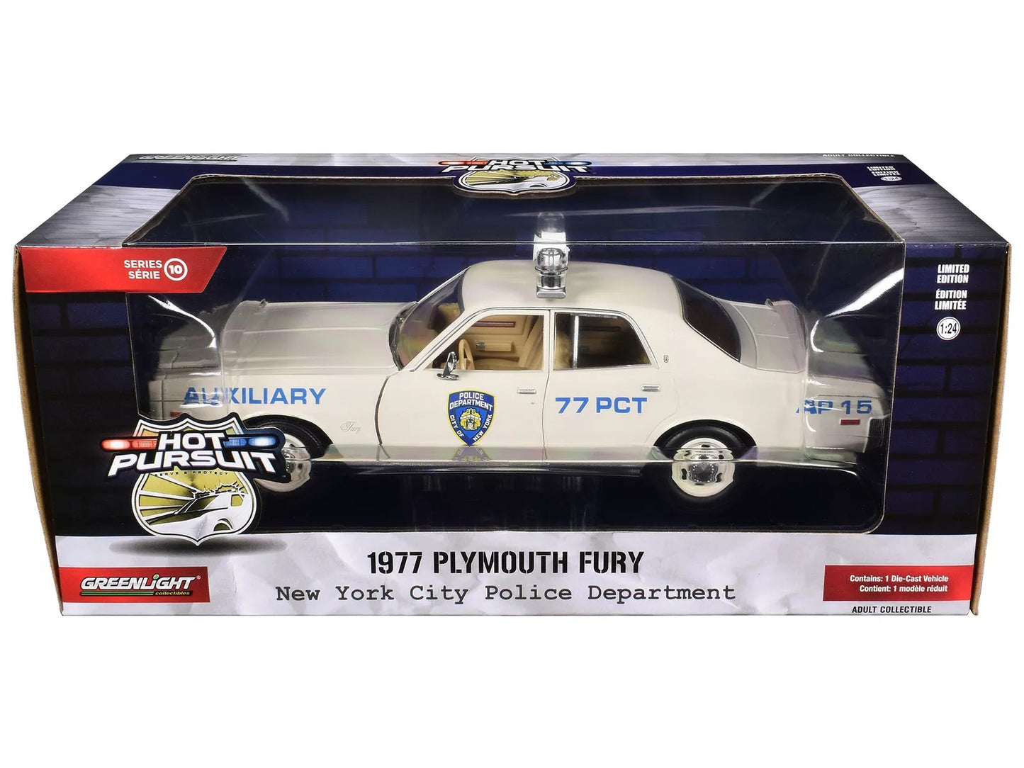GreenLight 1:24 Hot Pursuit Series 10 Assortment 1977 Plymouth Fury - New York City Police Department (NYPD) Auxiliary 85601