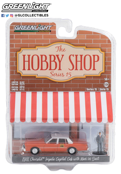 GreenLight 1:64 The Hobby Shop Series 15 - 1981 Chevrolet Impala Capitol Cab Taxi with Man in Suit 97150-B