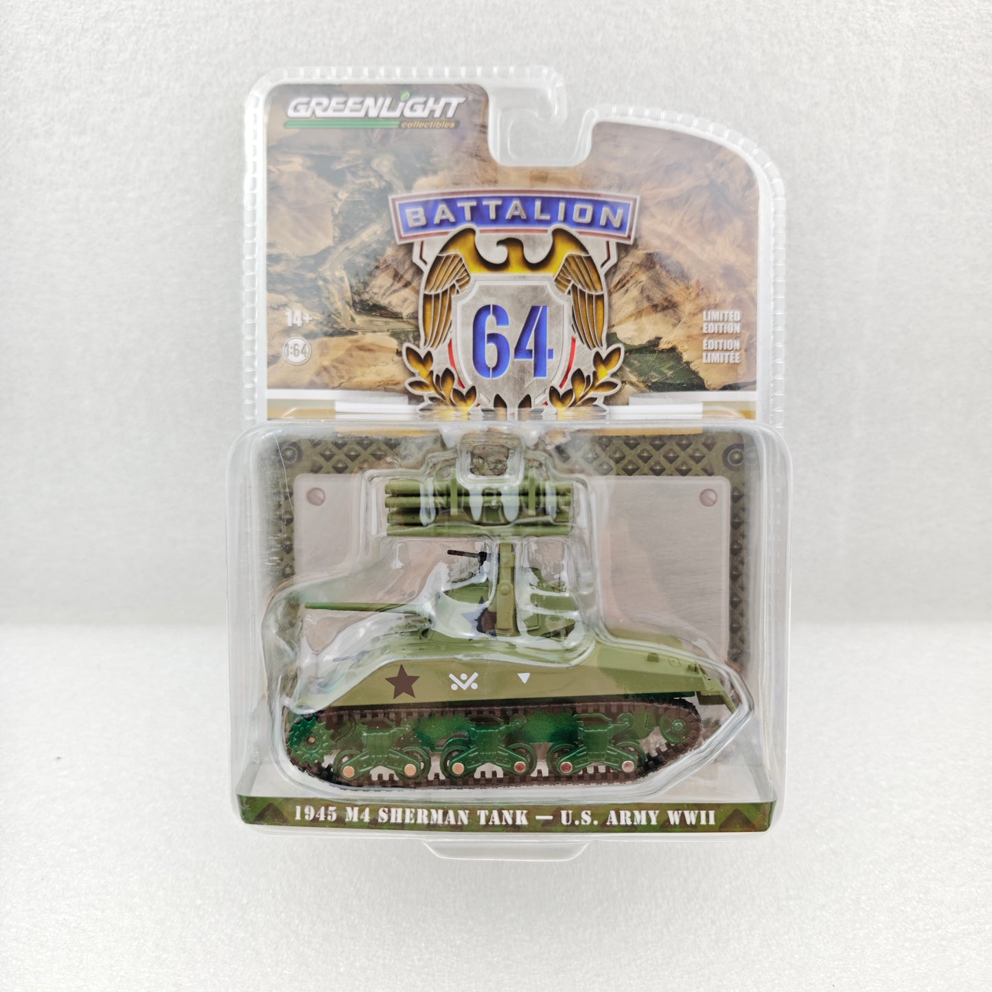 GreenLight Green Machine 1:64 Battalion 64 - 1945 M4 Sherman Tank - U.S. Army World War II - 40th Tank Battalion, 14th Armored Division with T34 Calliope Rocket Launcher (Hobby Exclusive) 30405