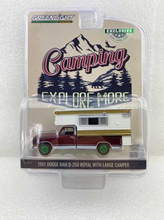GreenLight Green Machine 1:64 1981 Dodge Ram D-250 Royal with Large Camper - Medium Crimson Red and Pearl White 30409