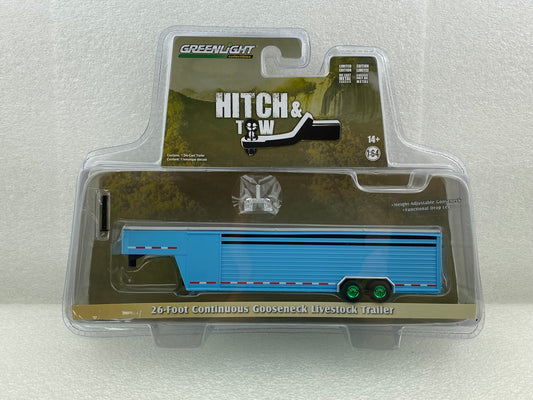 GreenLight Green Machine 1:64 Hitch & Tow Trailers - 26-Foot Continuous Gooseneck Livestock Trailer - Light Blue 30422