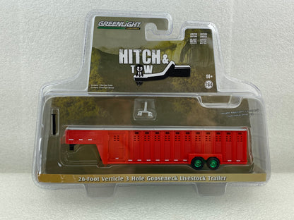 GreenLight Green Machine 1:64 Hitch & Tow Trailers - 26-Foot Vertical Three Hole Gooseneck Livestock Trailer - Red 30421