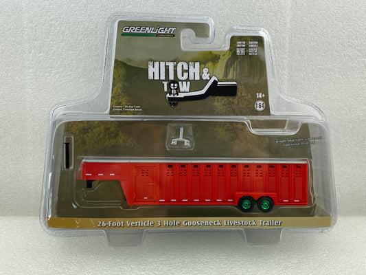 GreenLight Green Machine 1:64 Hitch & Tow Trailers - 26-Foot Vertical Three Hole Gooseneck Livestock Trailer - Red 30421
