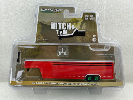 GreenLight Green Machine 1:64 Hitch & Tow Trailers - 26-Foot Continuous Gooseneck Livestock Trailer - Red 30423