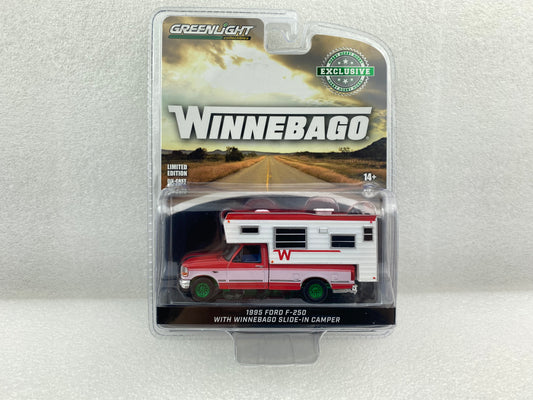 GreenLight Green Machine 1:64 1995 Ford F-250 Long Bed with Winnebago Slide-In Camper - Bright Red and Oxford White 30449