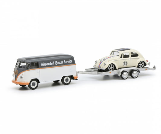 Schuco 1:64 Volkswagen T1 Van with Trailer and #53 Beetle Lowrider Aircooled Boxer Service 452033400