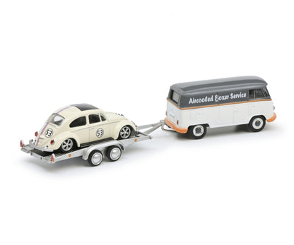 Schuco 1:64 Volkswagen T1 Van with Trailer and #53 Beetle Lowrider Aircooled Boxer Service 452033400